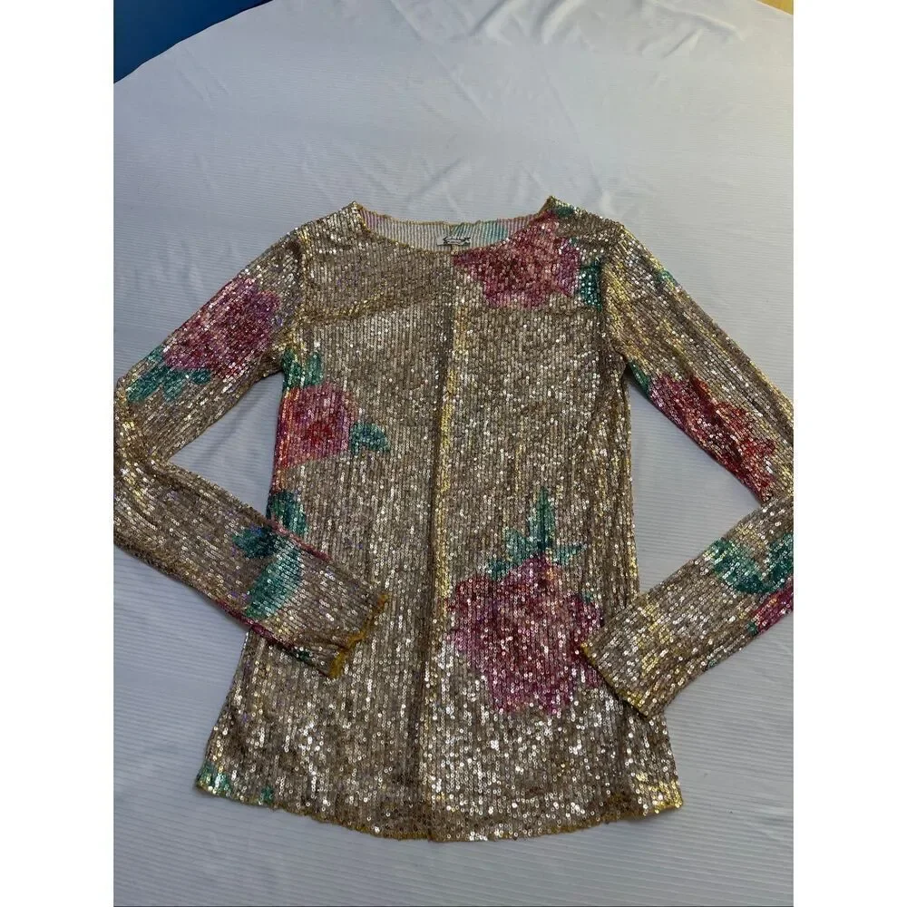Free People Gold Rush Sequin Floral Top Blouse Long Sleeve Shirt Size Medium